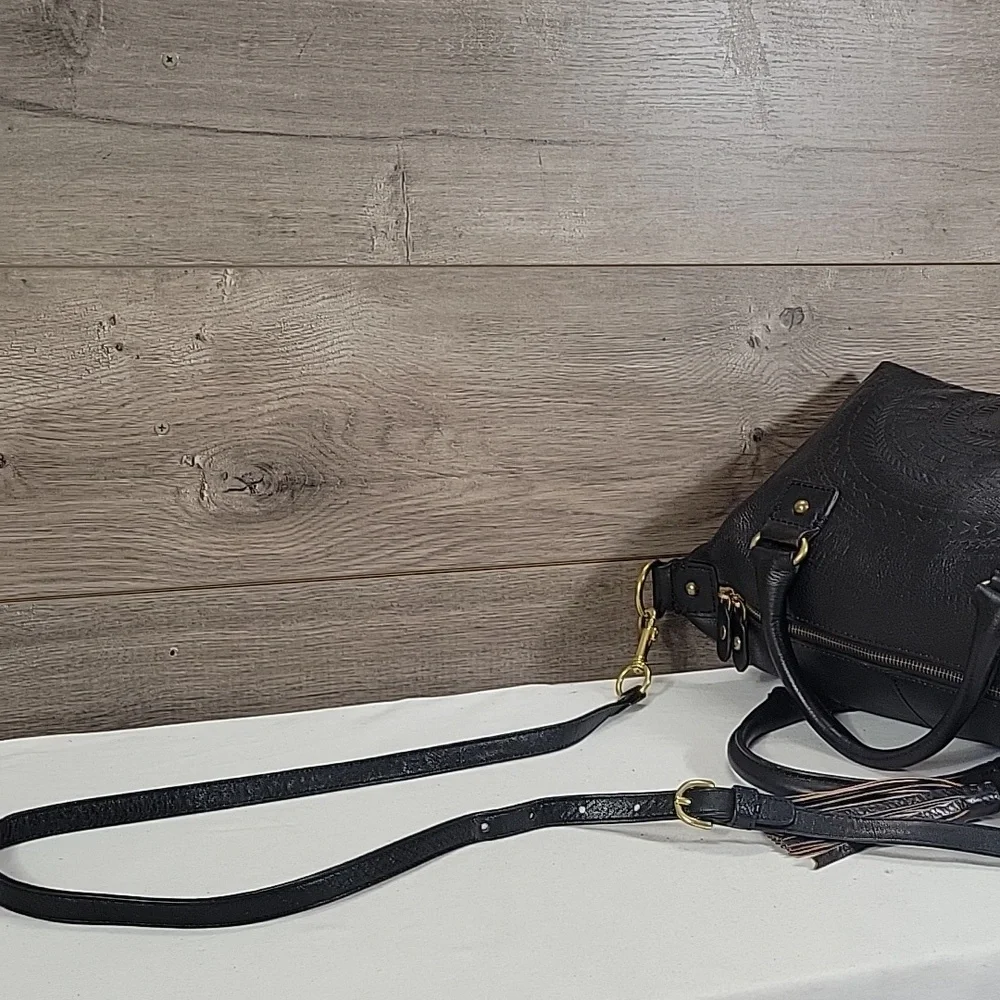 Isabella Fiore Black Tooled Leather Satchel Crossbody Shoulder Bag with Tassel